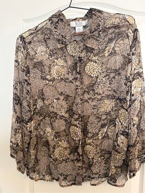 Vintage NEXX 100% Silk Floral Blouse Size Large Brown Whimsigoth Fairy Coquette